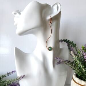 Handmade Copper Wire Wrapped Natural Green Jade Earrings - Elegant, Minimalist